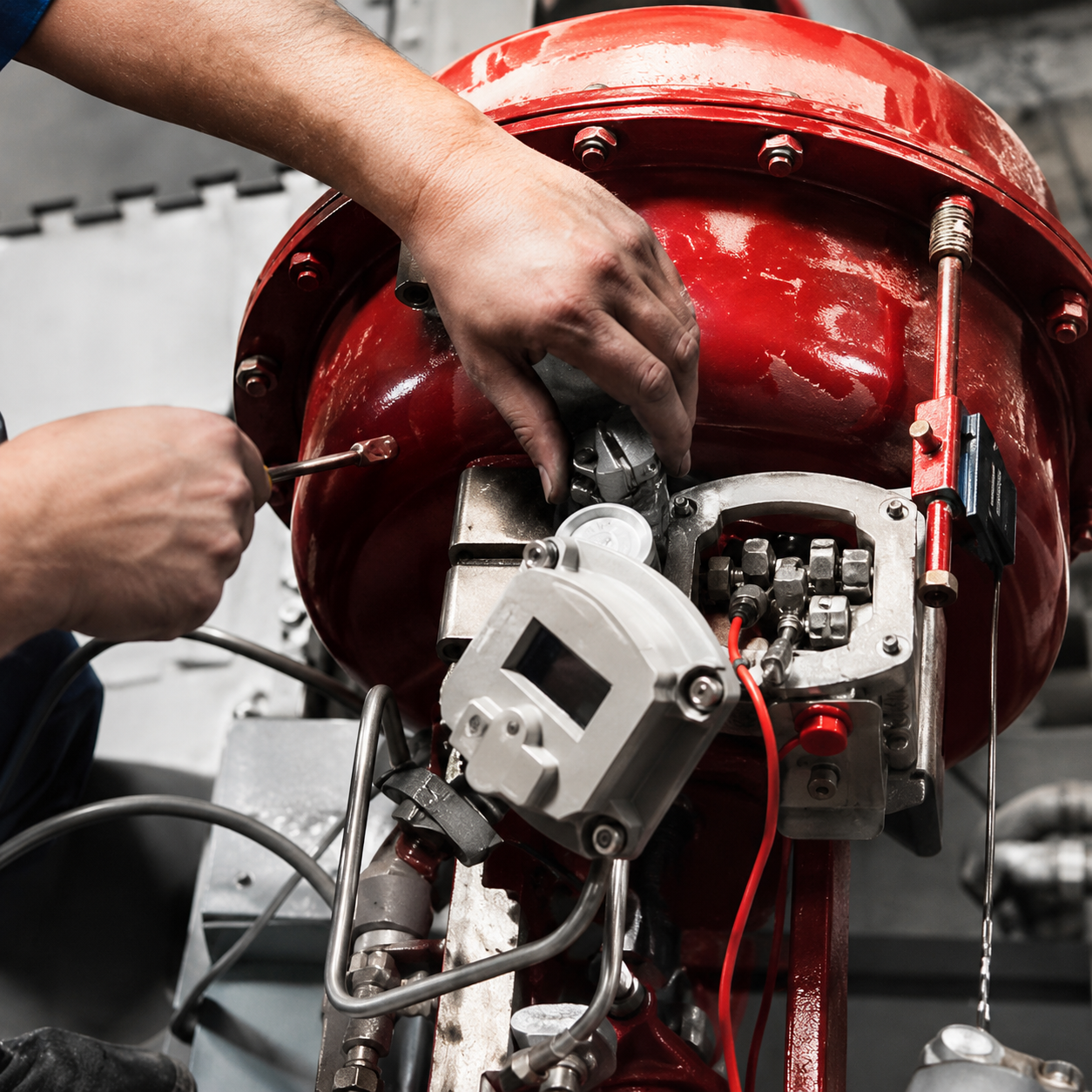 Technician servicing a red industrial control valve